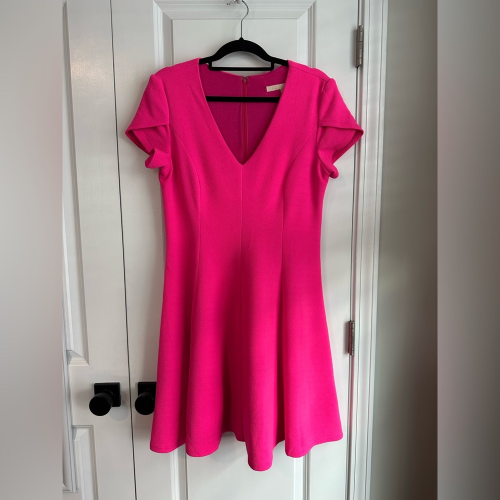 Hutch Anthropologie Fit and Flare Stretch V Neck Dress Barbie Pink Size L
